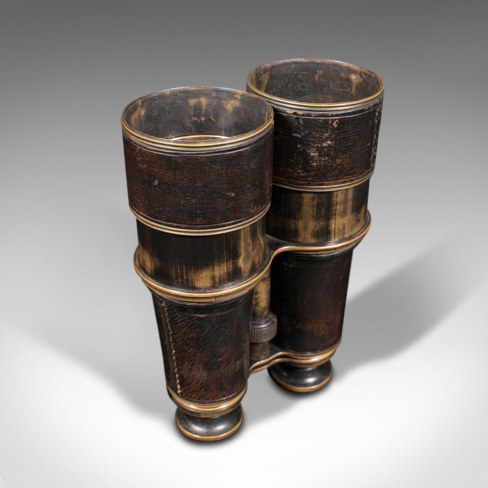 Pair of Antique Binoculars, English, Brass, Leather, Optical Instrument, c.1920 2