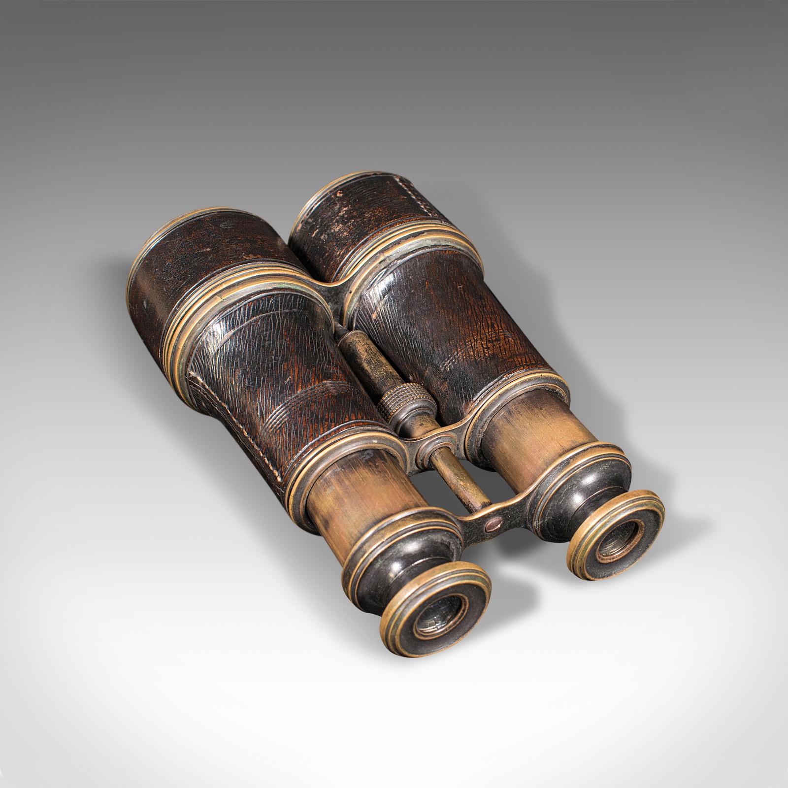 Pair of Antique Binoculars, English, Brass, Leather, Optical Instrument, c.1920 3