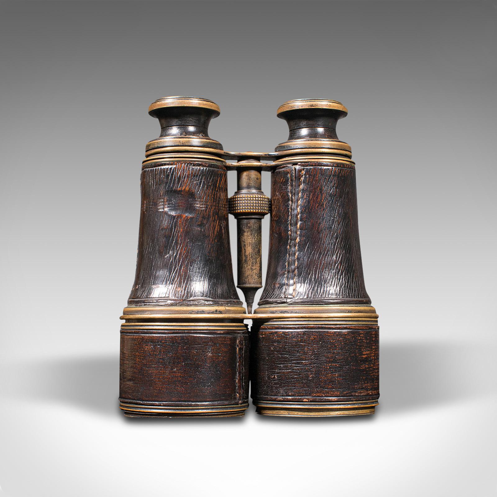 Pair of Antique Binoculars, English, Brass, Leather, Optical Instrument, c.1920 4
