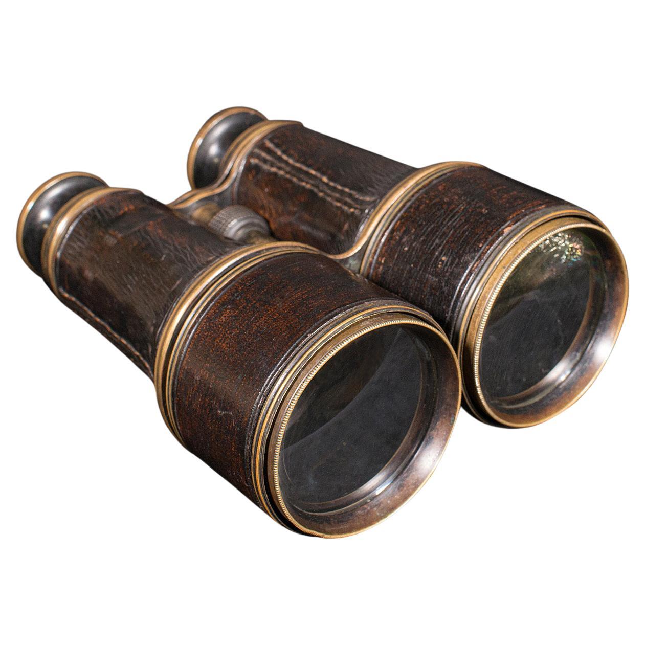 Pair of Antique Binoculars, English, Brass, Leather, Optical Instrument, c.1920