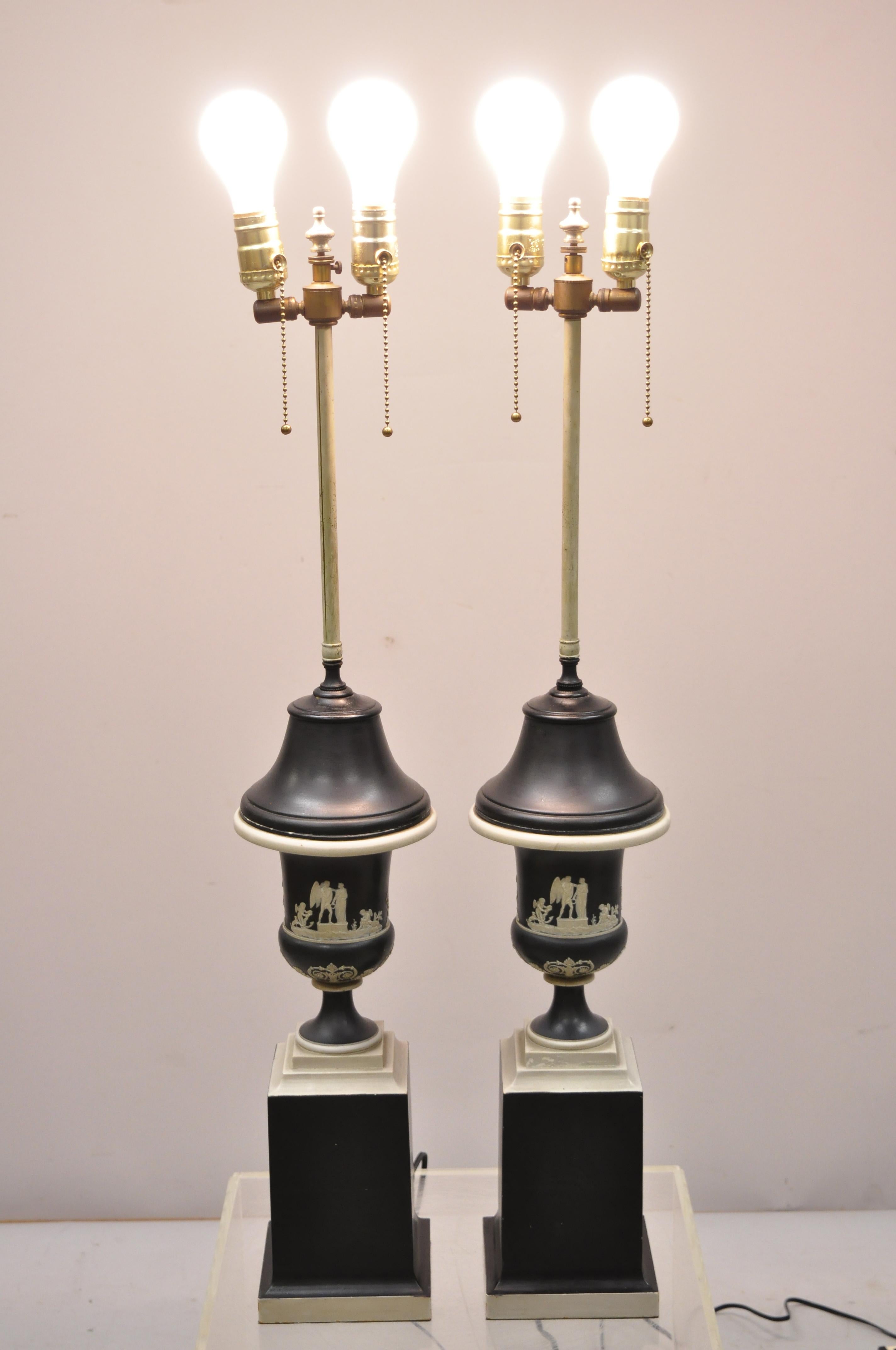Metal Pair of Antique Black and White Wedgwood Jasperware Urn Table Lamps For Sale