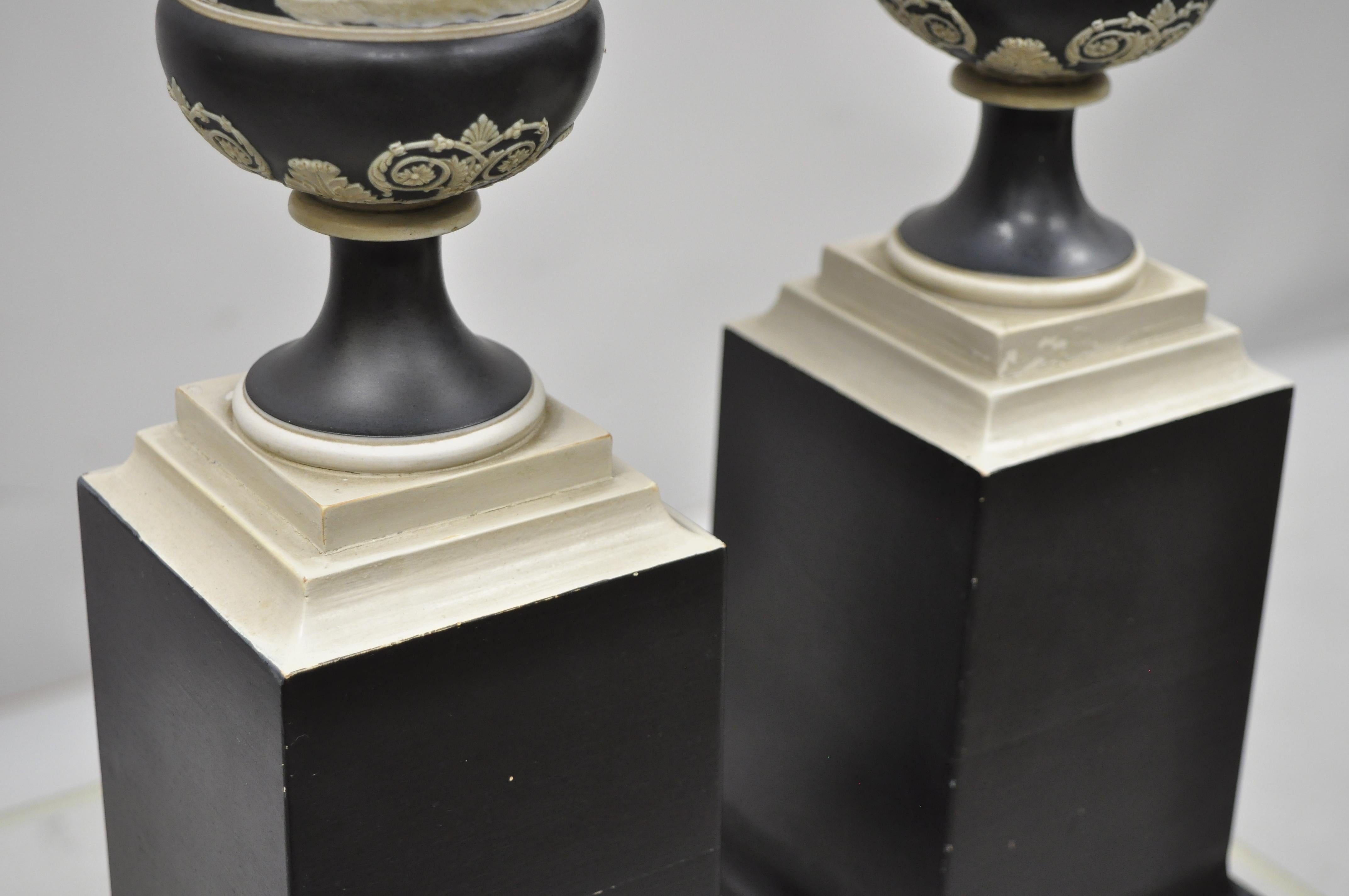 Pair of Antique Black and White Wedgwood Jasperware Urn Table Lamps In Good Condition For Sale In Philadelphia, PA
