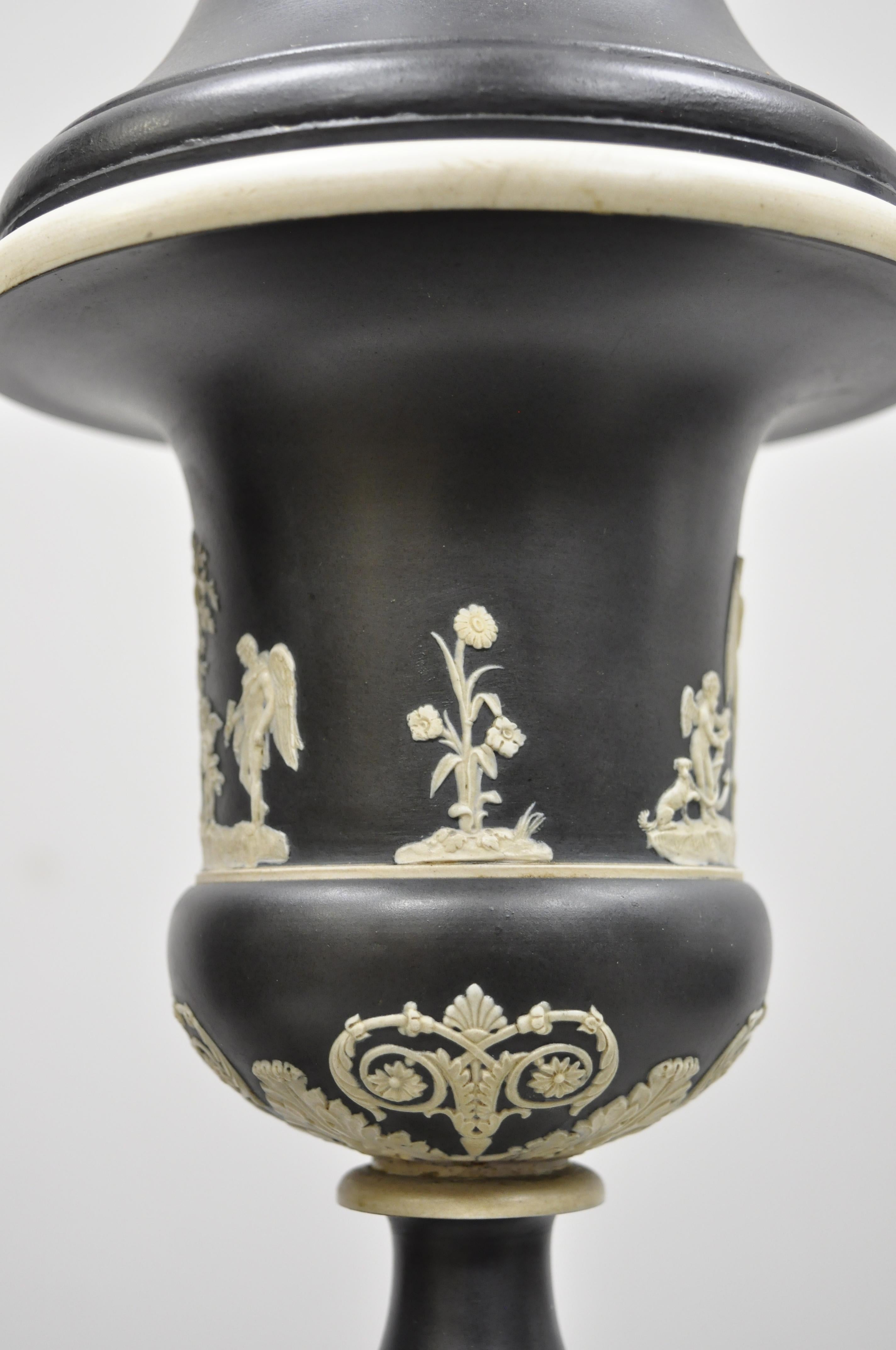 20th Century Pair of Antique Black and White Wedgwood Jasperware Urn Table Lamps For Sale
