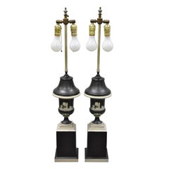 Pair of Antique Black and White Wedgwood Jasperware Urn Table Lamps