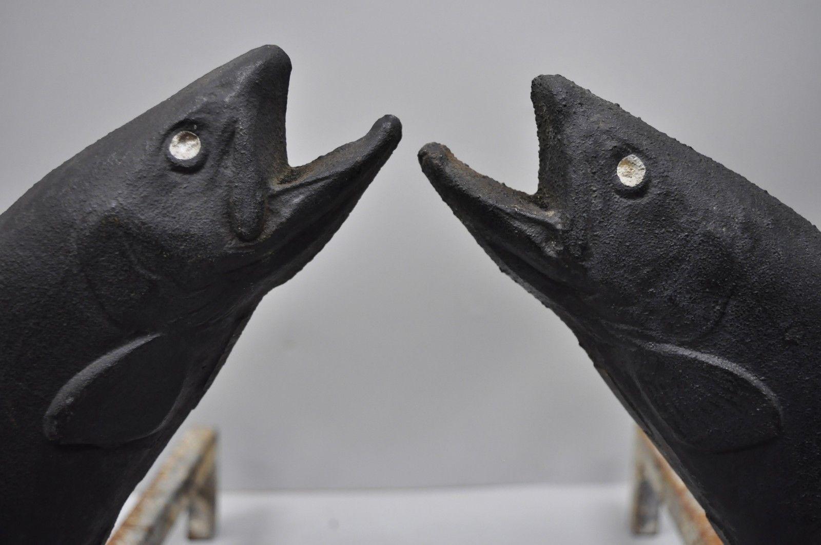 American Pair of Antique Black Cast Iron Leaping Trout Fish Andirons by Liberty Foy
