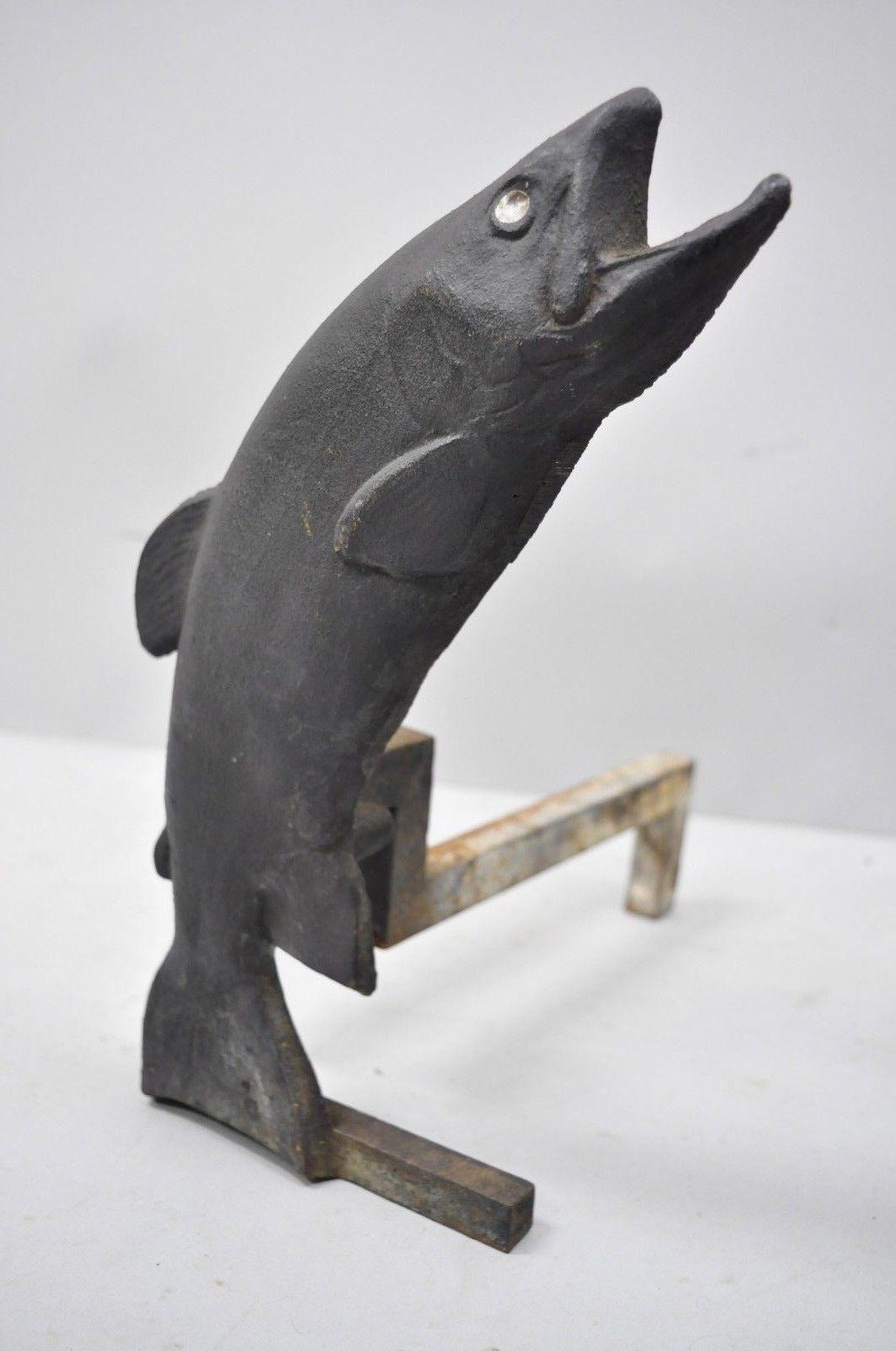 Pair of Antique Black Cast Iron Leaping Trout Fish Andirons by Liberty Foy In Good Condition In New York, NY