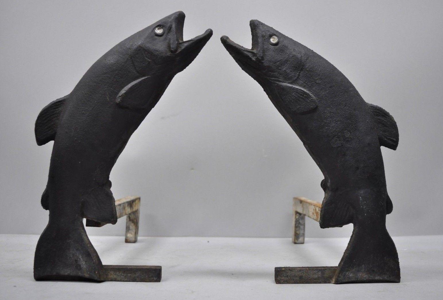 Pair of Antique Black Cast Iron Leaping Trout Fish Andirons by Liberty Foy 1