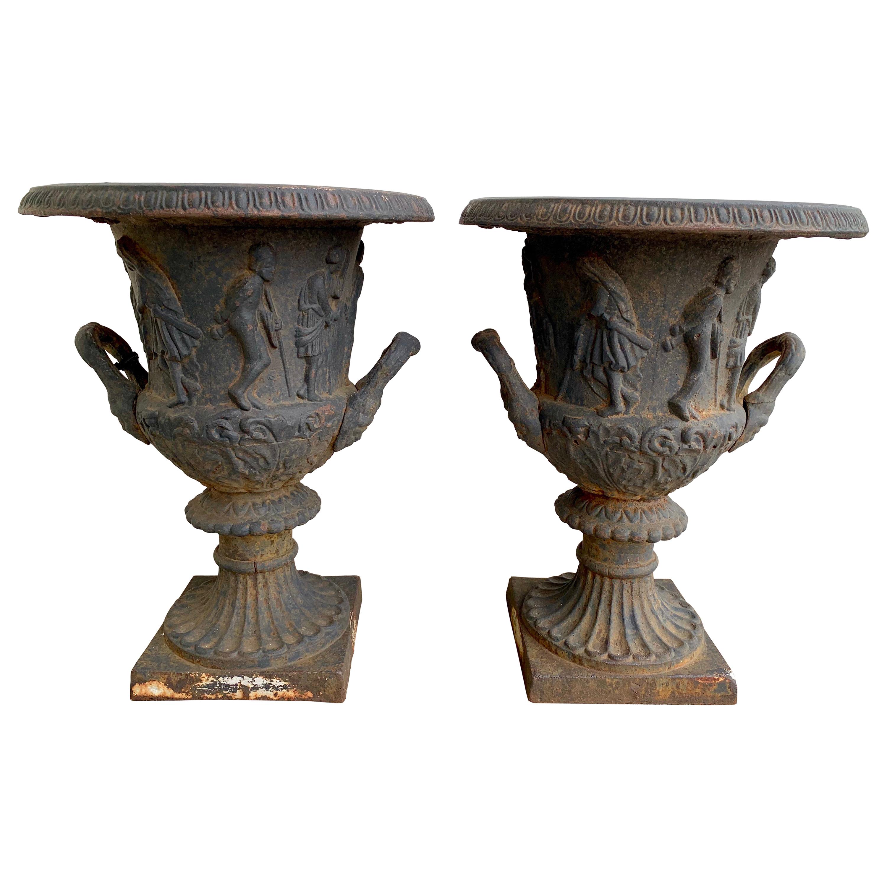 Pair of Antique Black Cast Iron Urns Planters 19th Century Neoclassical