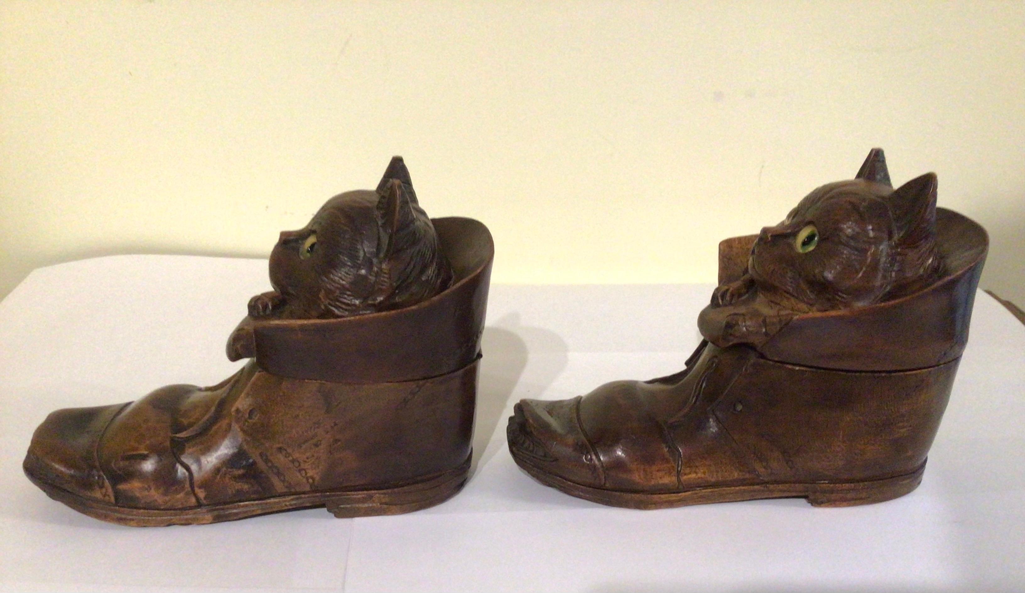 Oak Pair of Antique Black Forest Cat in Boot Inkwells For Sale