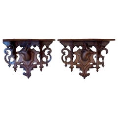 Pair of Antique Black Forest Hand Carved Wood Stag Wall Shelves, Circa 1895