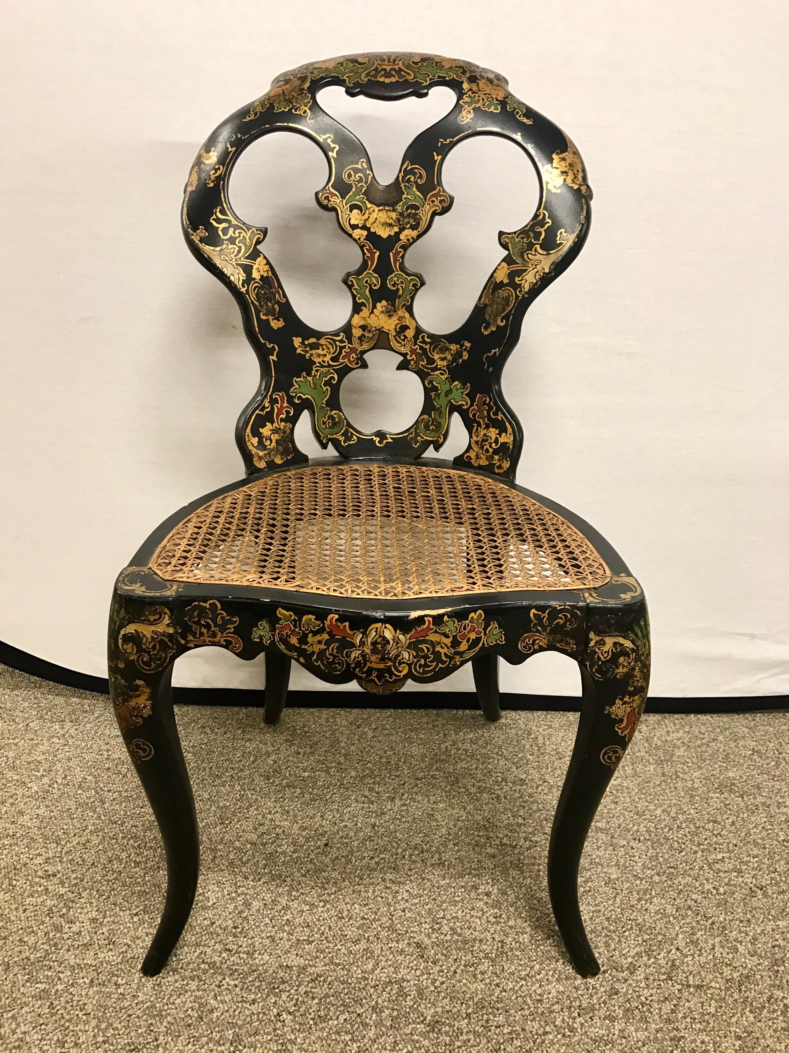 Pair of Antique Black Japanned Japan Cane Chairs Seats In Good Condition In West Hartford, CT