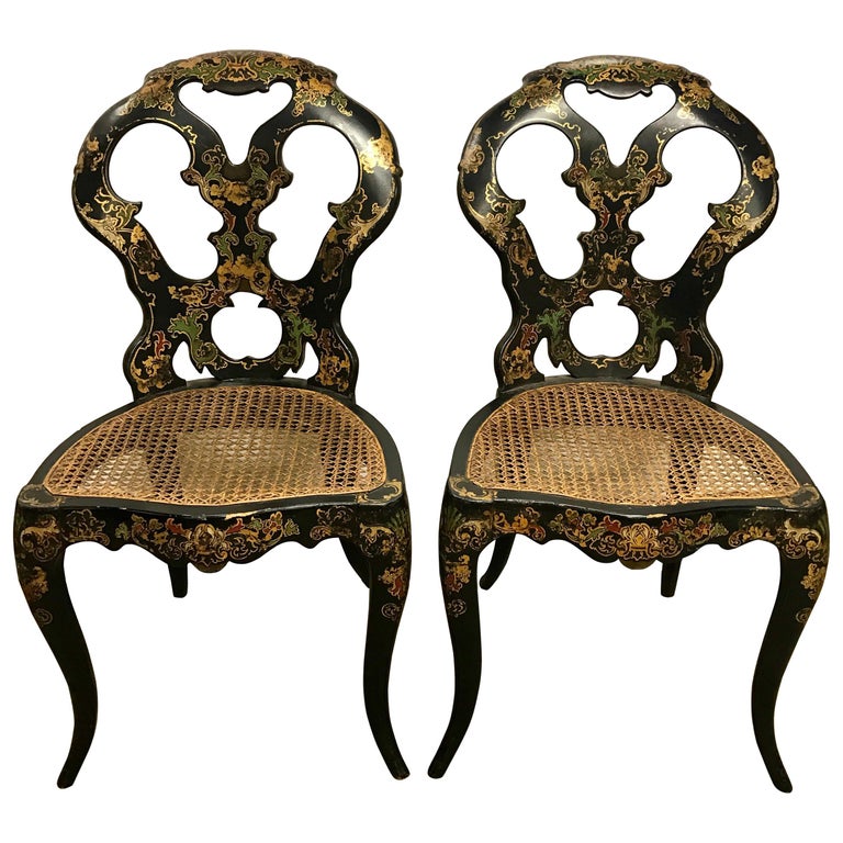 Pair of Antique Black Japanned Japan Cane Chairs Seats For Sale at