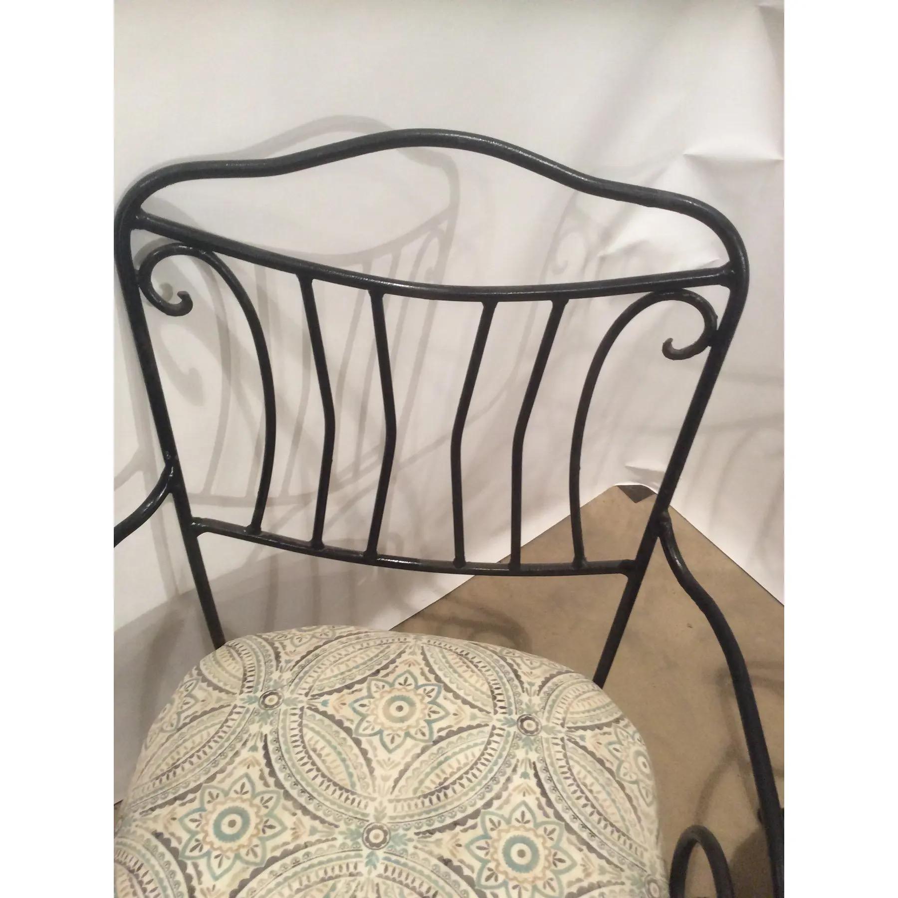 Fabric Pair of Antique Black Wrought Iron Garden Chairs For Sale
