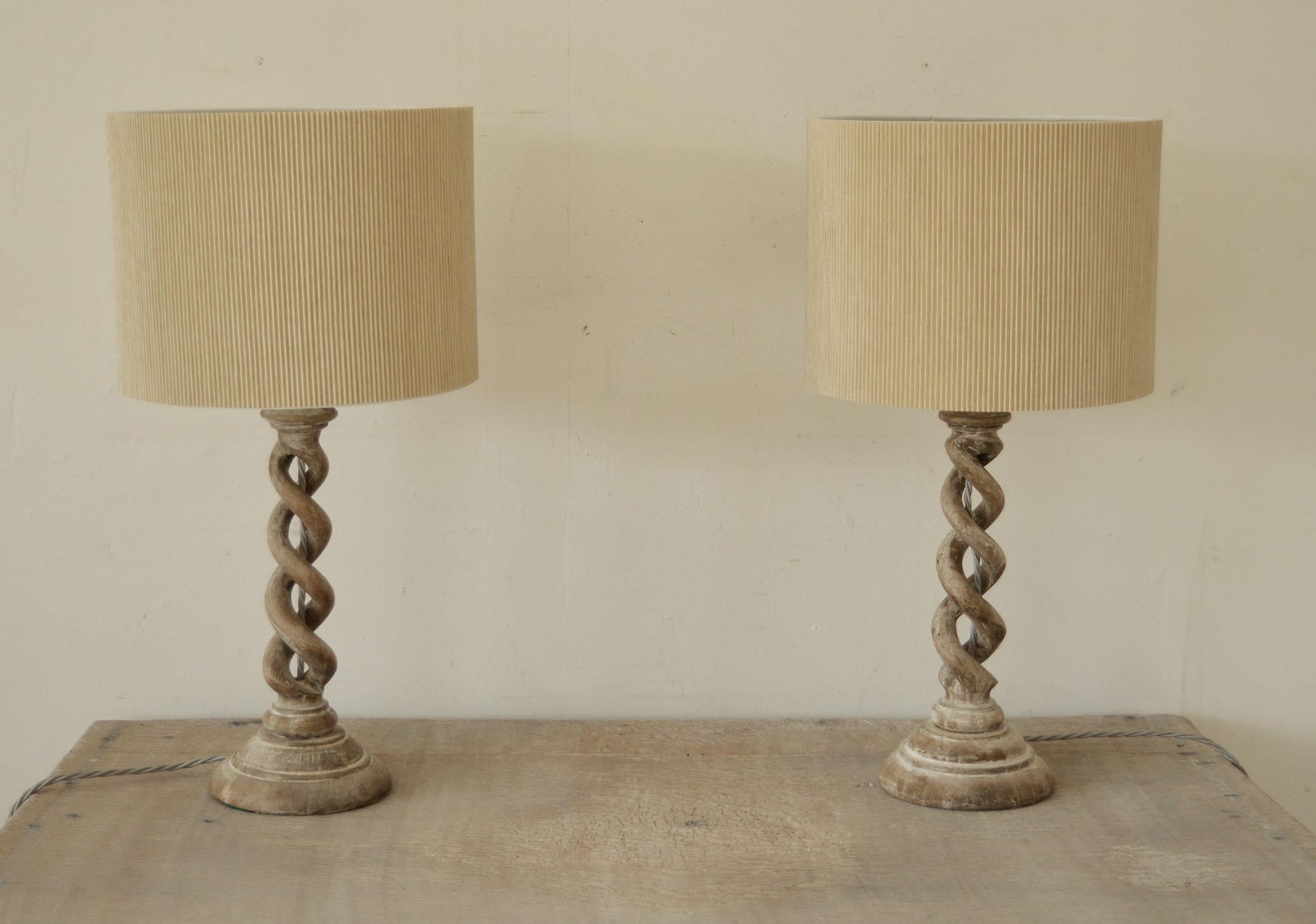 Super pair of bleached mahogany open twist table lamps.

English. Late 19th century

Converted from candlesticks.

 Wired to UK standards.
      