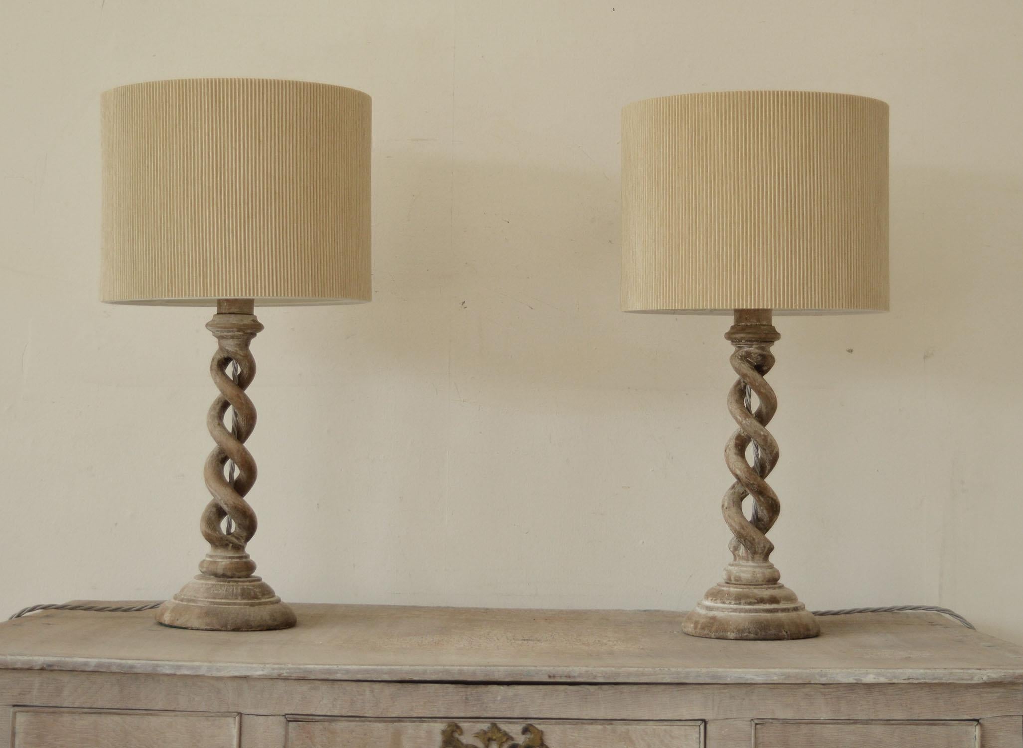 Limed Pair of Antique Bleached Mahogany Open Twist Table Lamps