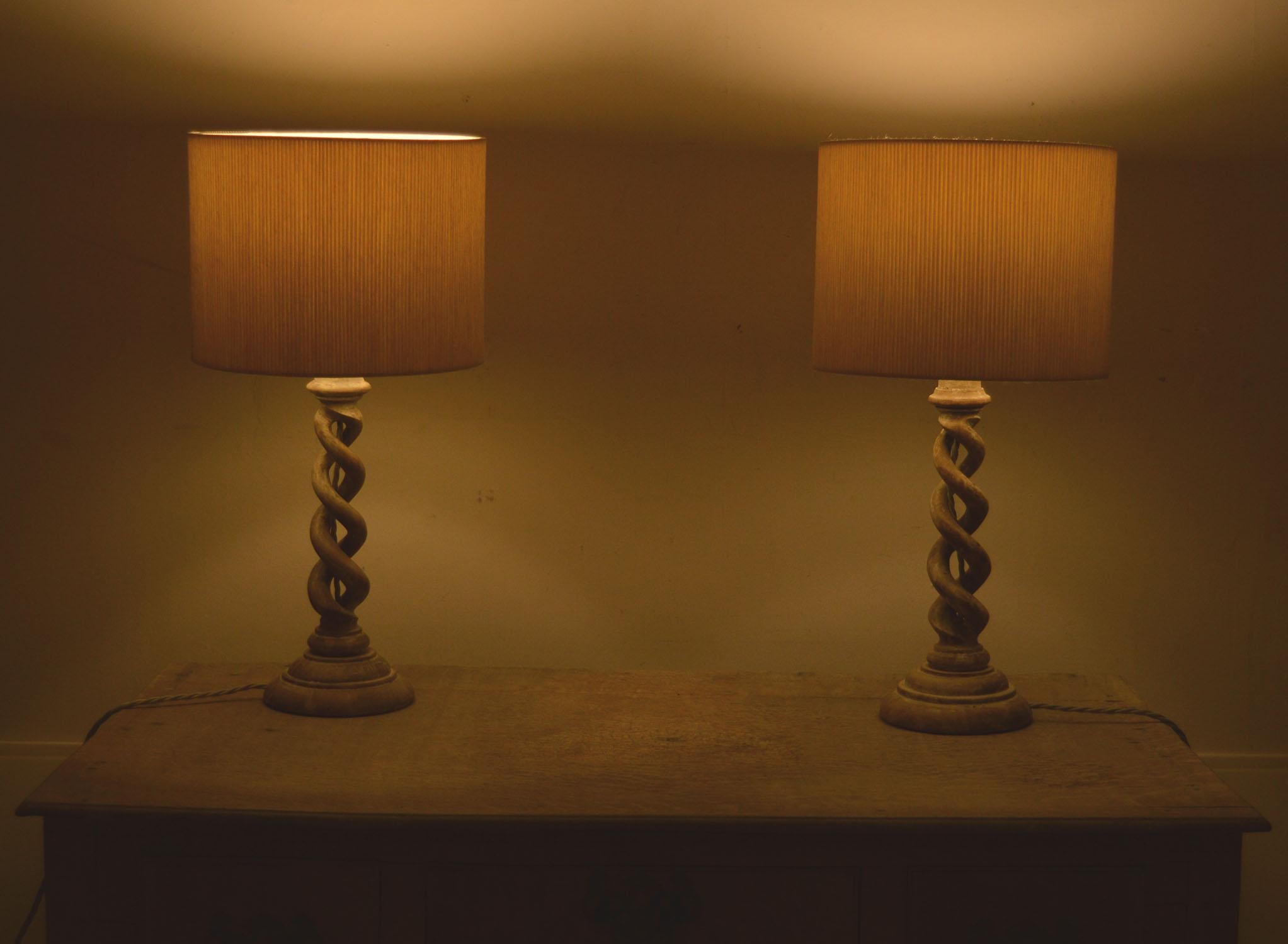 19th Century Pair of Antique Bleached Mahogany Open Twist Table Lamps