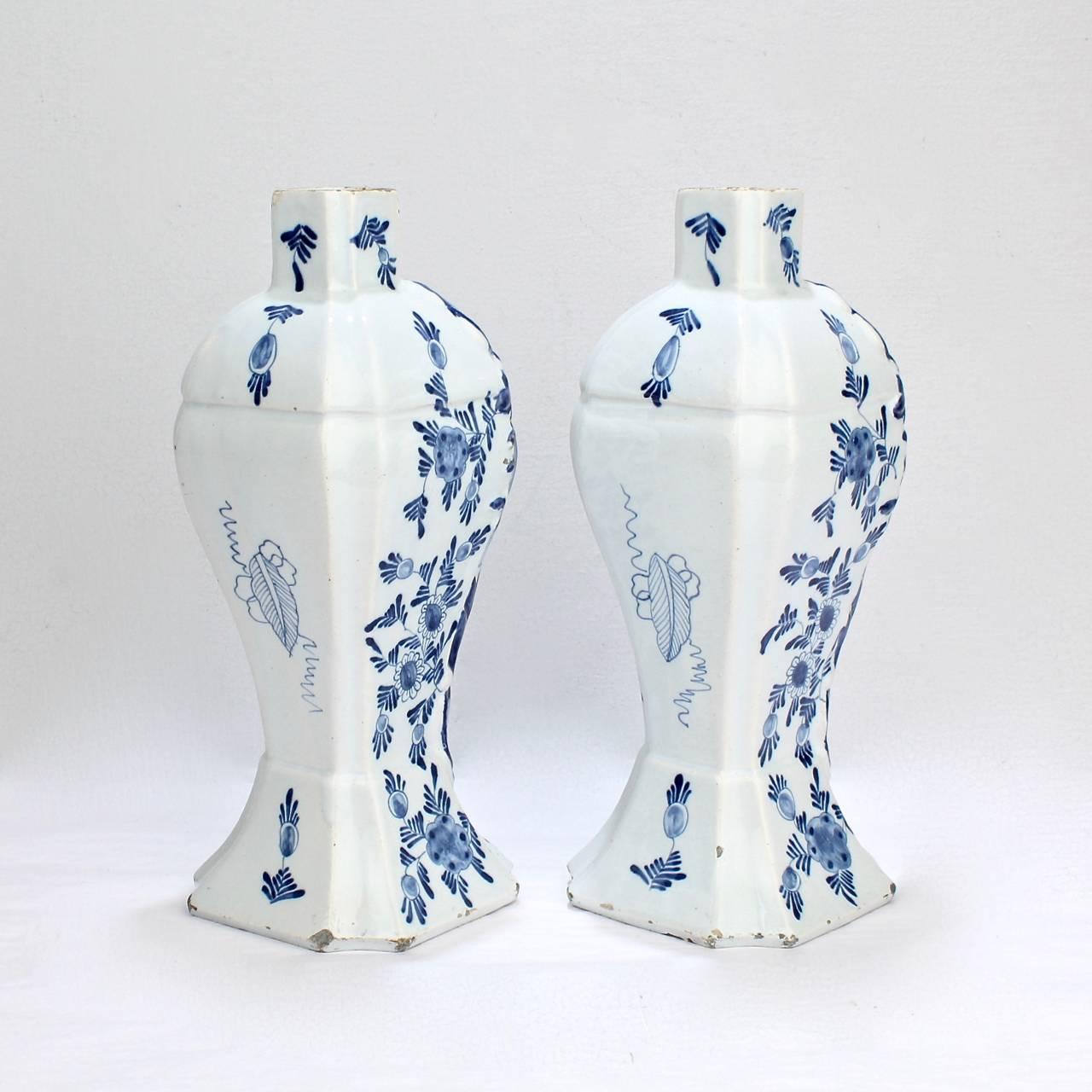 Rococo Pair of Antique Blue and White Dutch Delft Mantel Garniture Vases or Jars