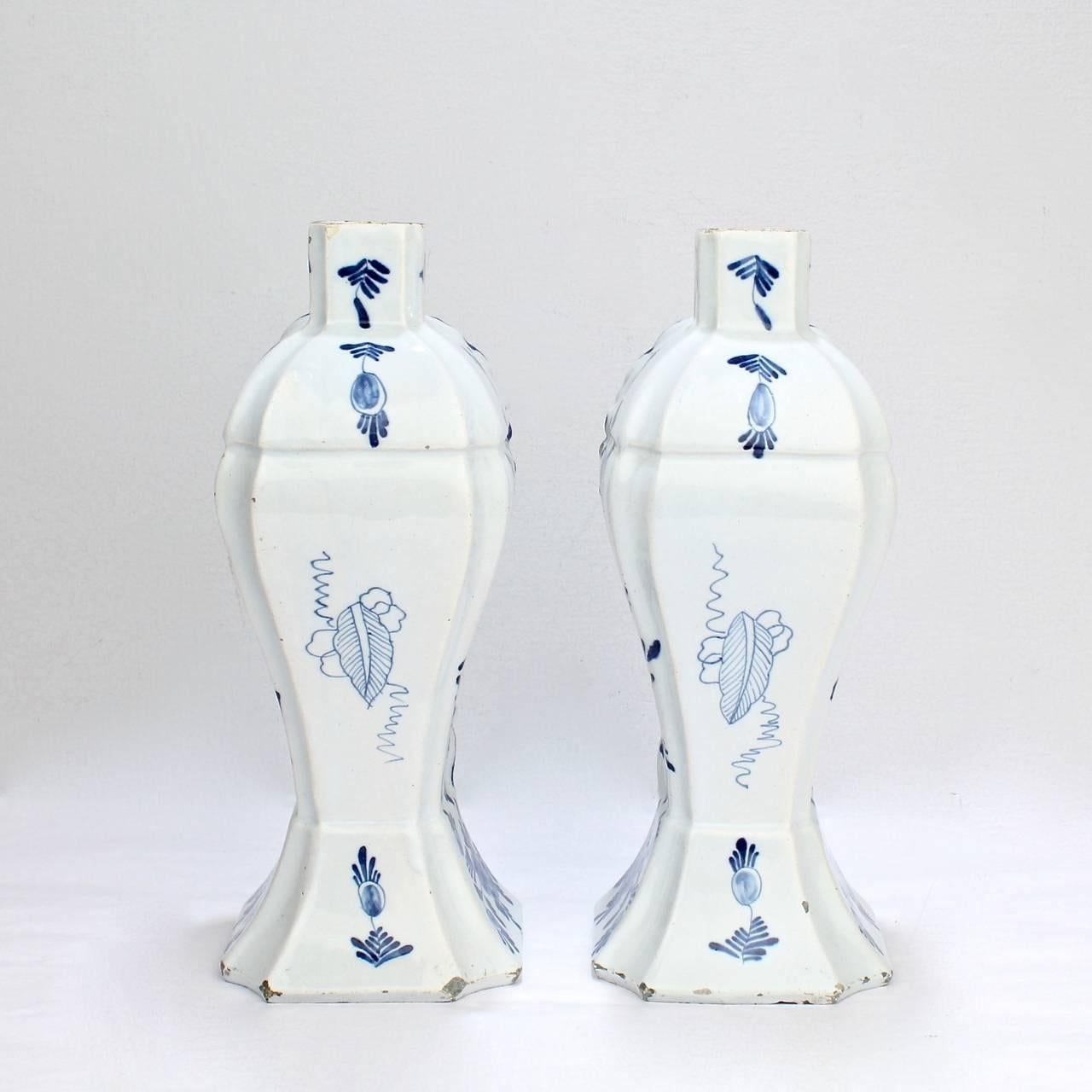 19th Century Pair of Antique Blue and White Dutch Delft Mantel Garniture Vases or Jars