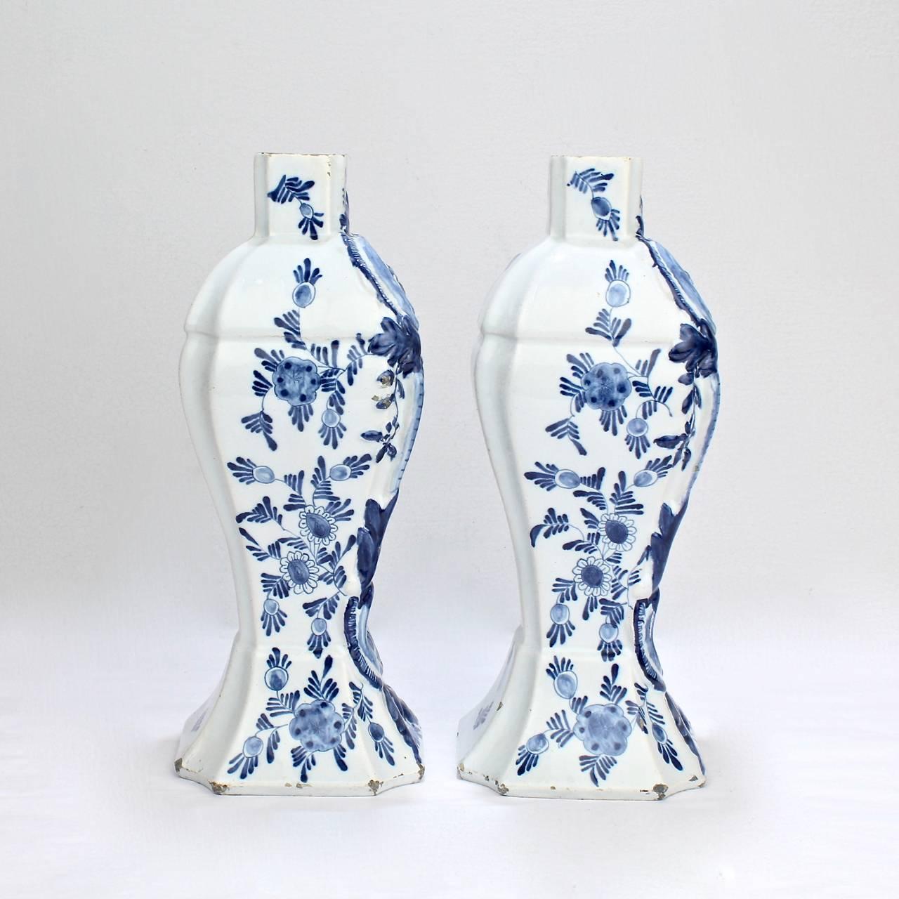 Pair of Antique Blue and White Dutch Delft Mantel Garniture Vases or Jars 1