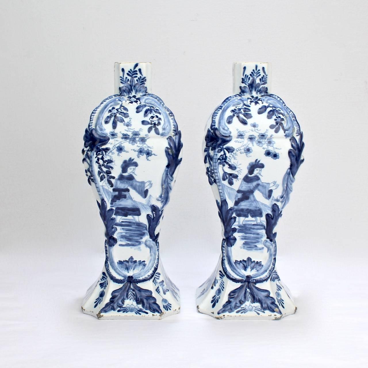 Pair of Antique Blue and White Dutch Delft Mantel Garniture Vases or Jars 2