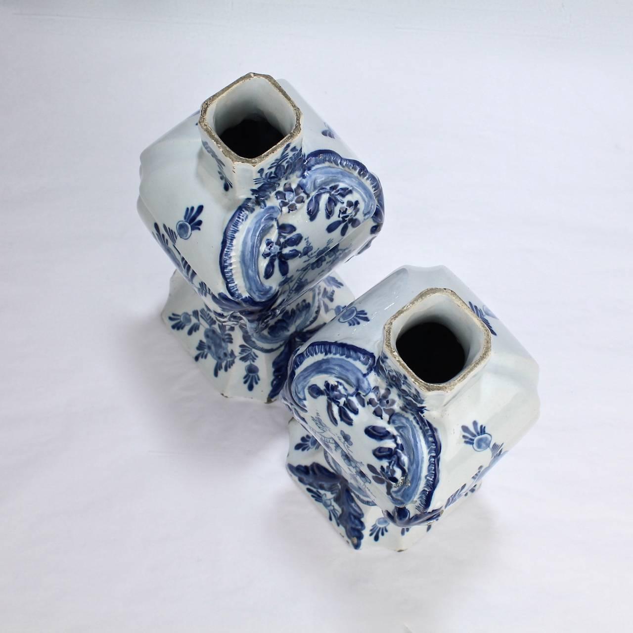 Pair of Antique Blue and White Dutch Delft Mantel Garniture Vases or Jars 3