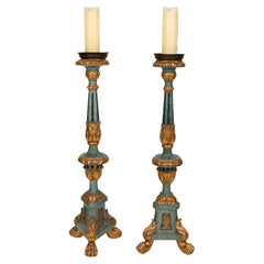 Pair of Antique Blue and Gold Candlesticks with Ornate Hand Painted Detail