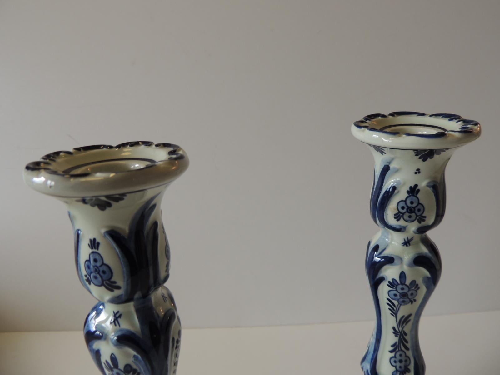 Country Pair of Antique Blue and White Delft Candlesticks