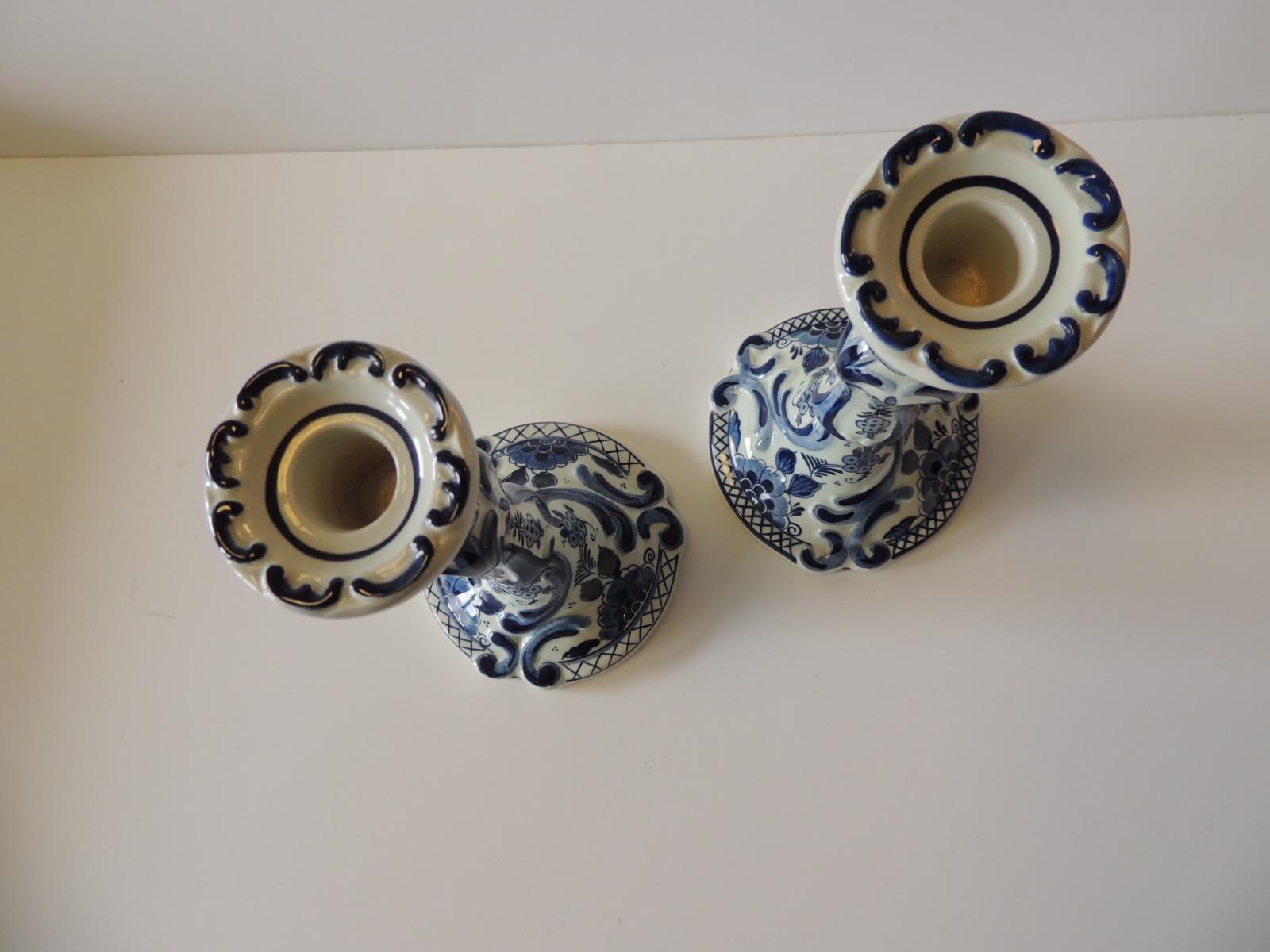 Dutch Pair of Antique Blue and White Delft Candlesticks
