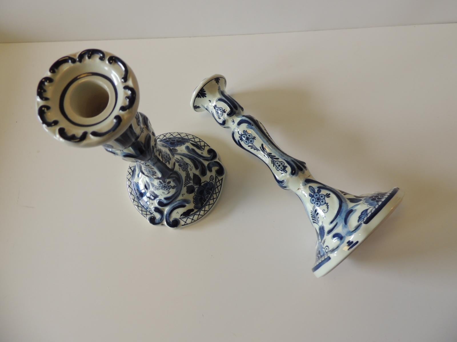 Hand-Crafted Pair of Antique Blue and White Delft Candlesticks