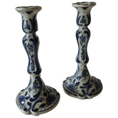 Pair of Antique Blue and White Delft Candlesticks