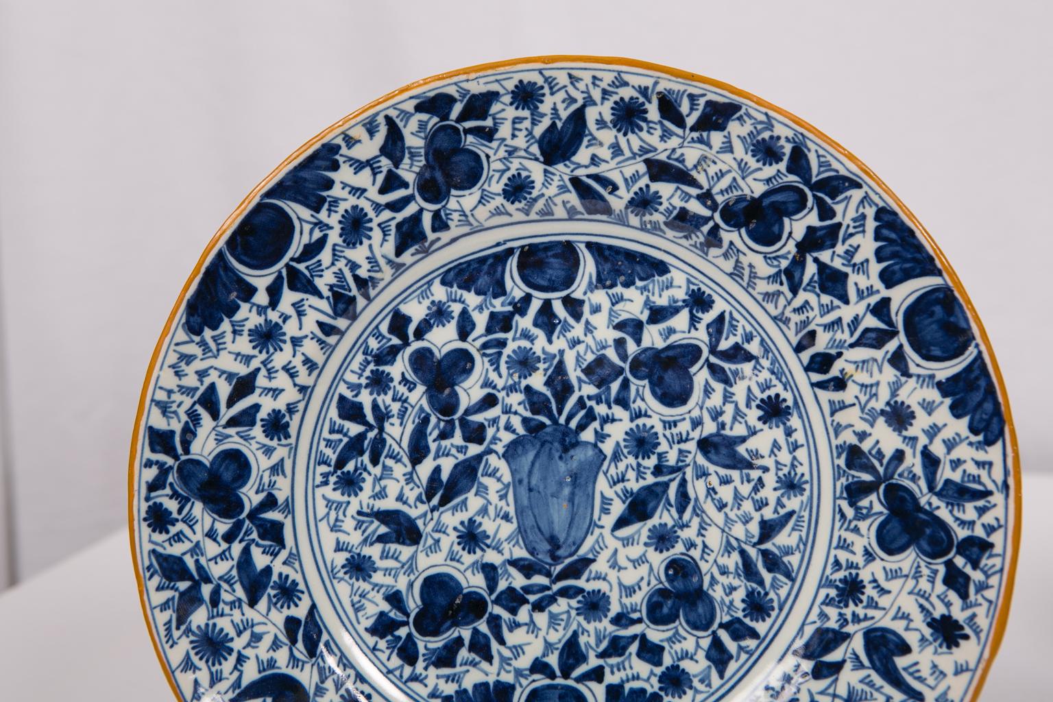 Hand-Painted Pair of Antique Blue and White Delft Plates Made in the 18th Century
