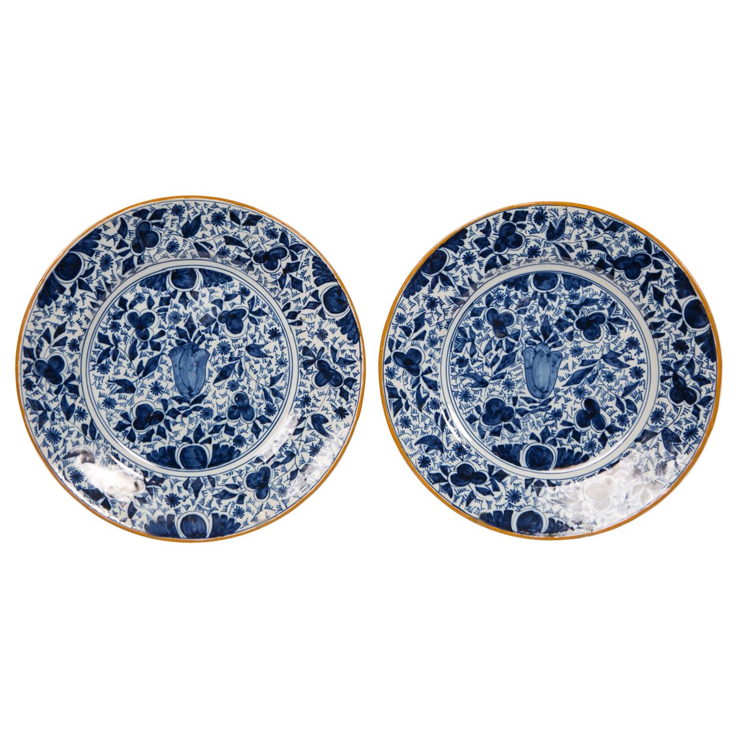 Pair of Antique Blue and White Delft Plates Made in the 18th Century