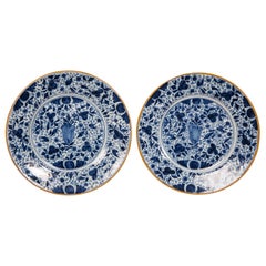 Pair of Antique Blue and White Delft Plates Made in the 18th Century