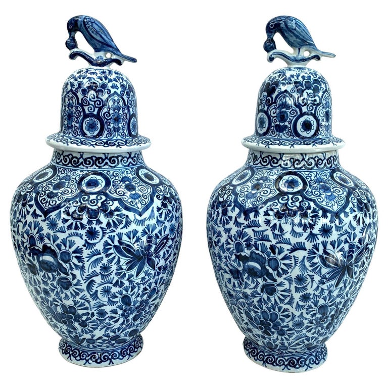 Pair of Antique Blue and White Delft Pottery Ginger Jars