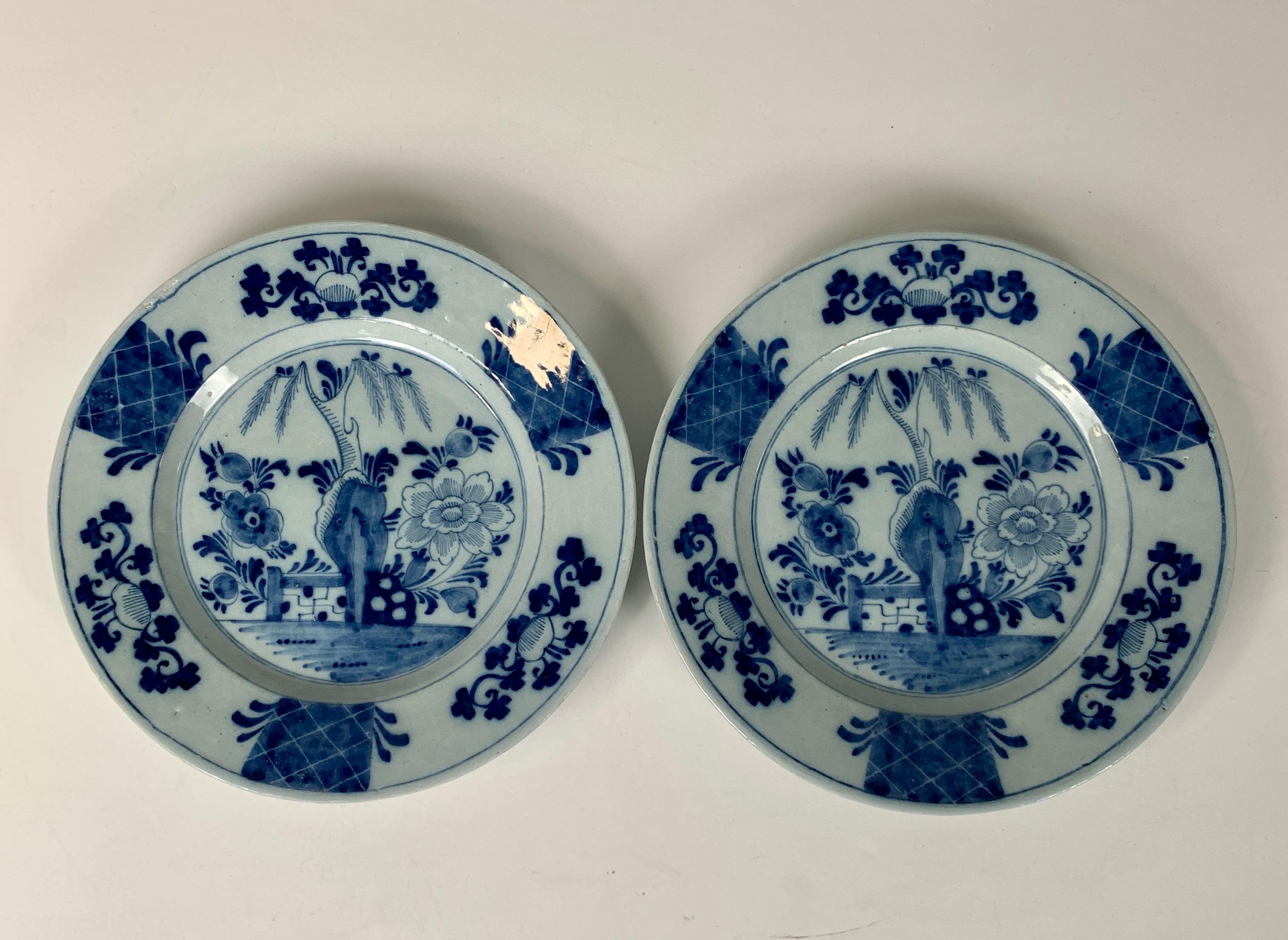 Rococo Pair of Antique Blue and White Dutch Delft Dishes Hand-Painted, Circa 1770