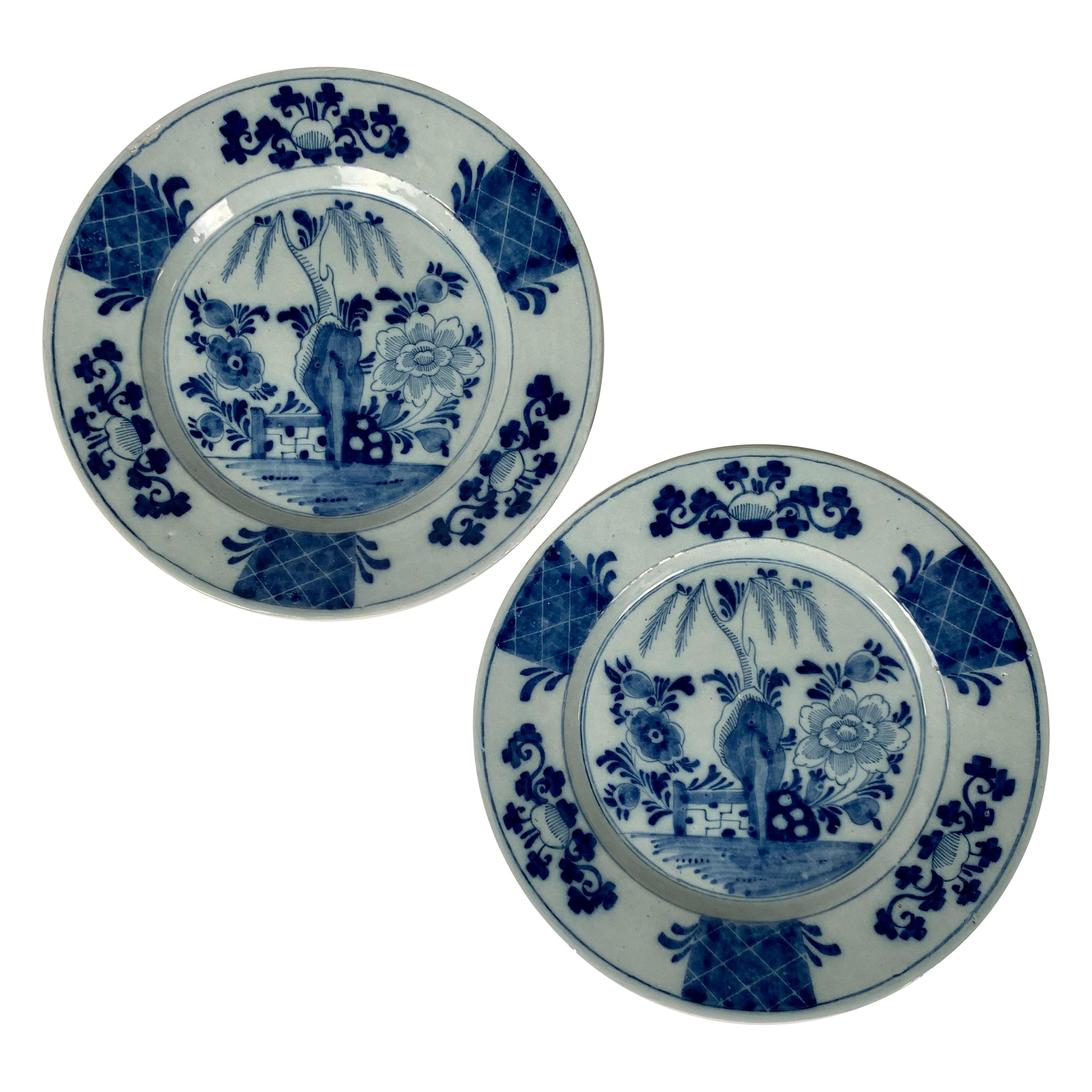 Pair of Antique Blue and White Dutch Delft Dishes Hand-Painted, Circa 1770