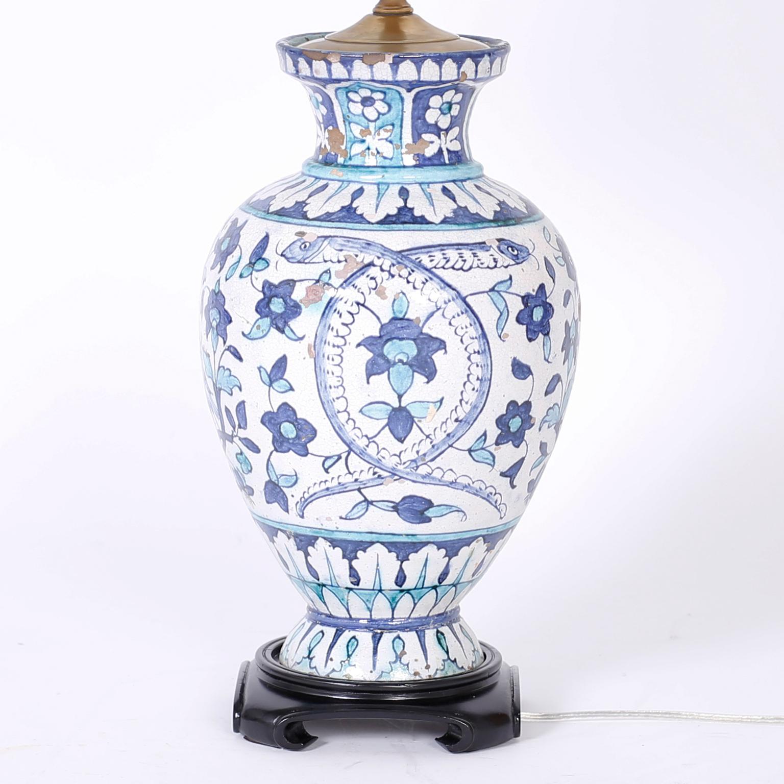 Indian Pair of Antique Blue and White Glazed Terracotta Table Lamps