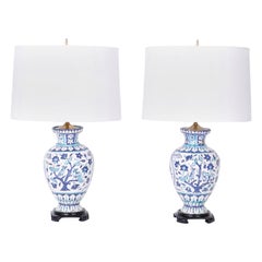 Pair of Antique Blue and White Glazed Terracotta Table Lamps
