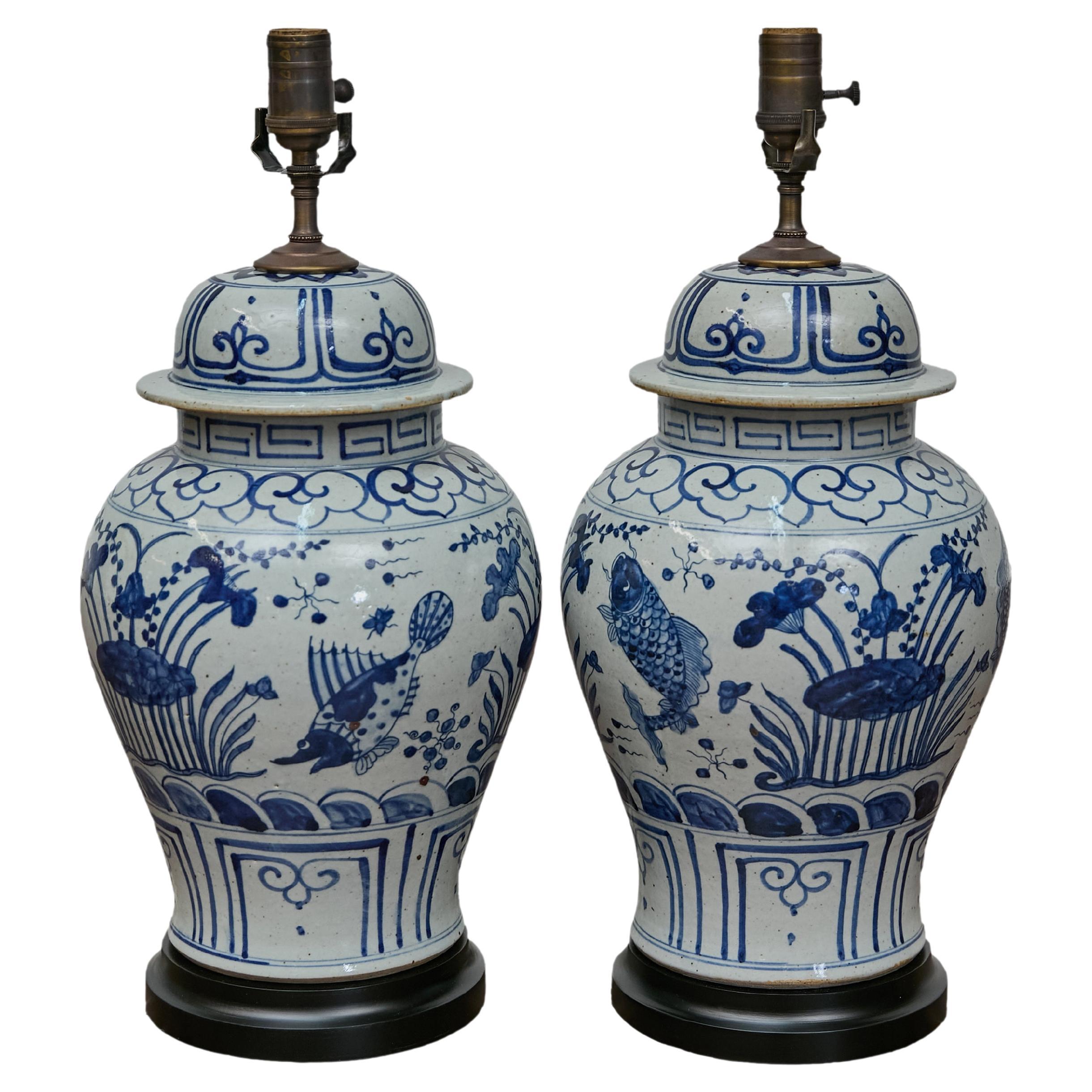 Pair of Blue and White Porcelain Jars-Shaped Table Lamps, Wired the the USA