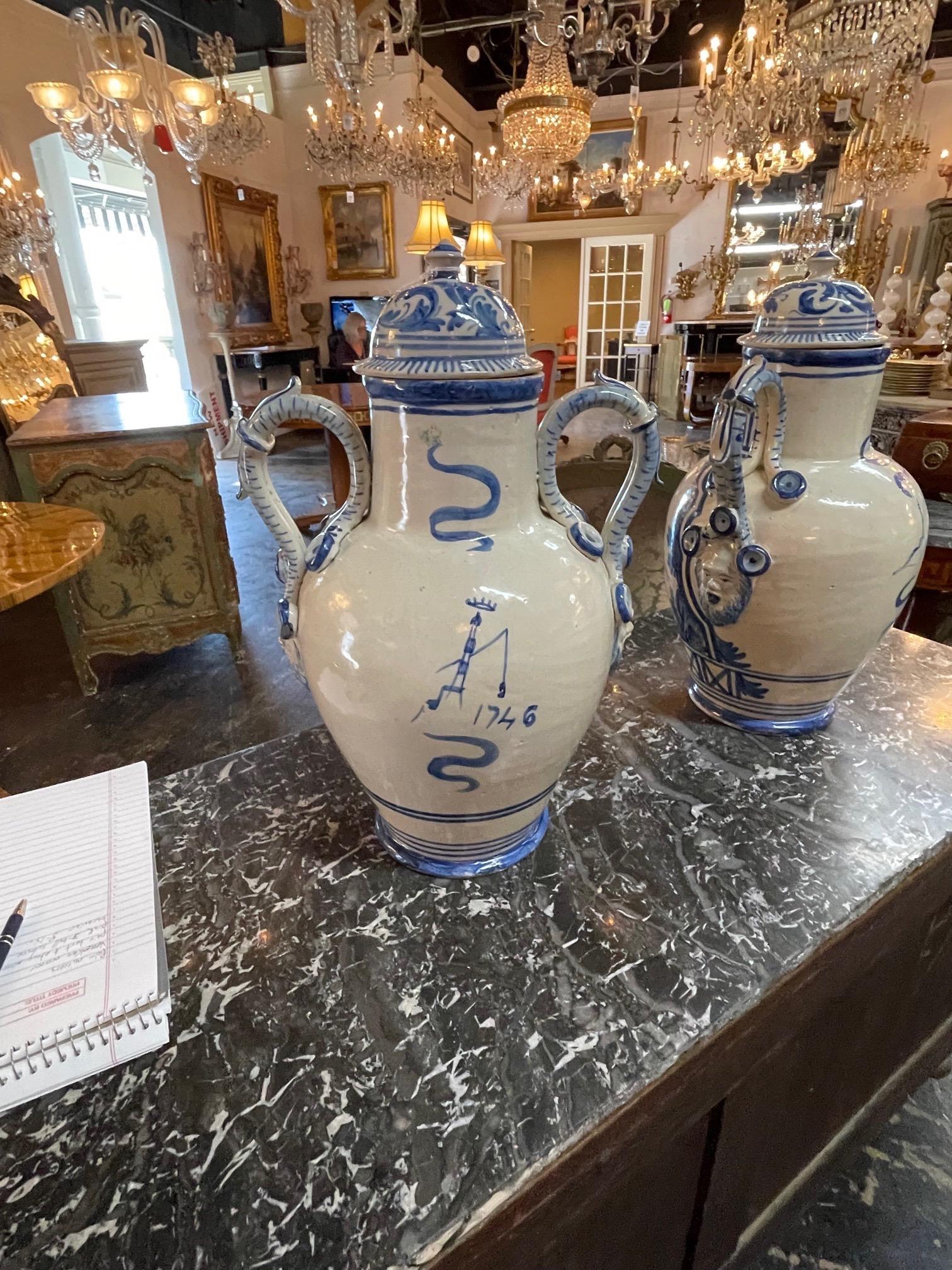 20th Century Pair of Antique Blue and White Vases For Sale