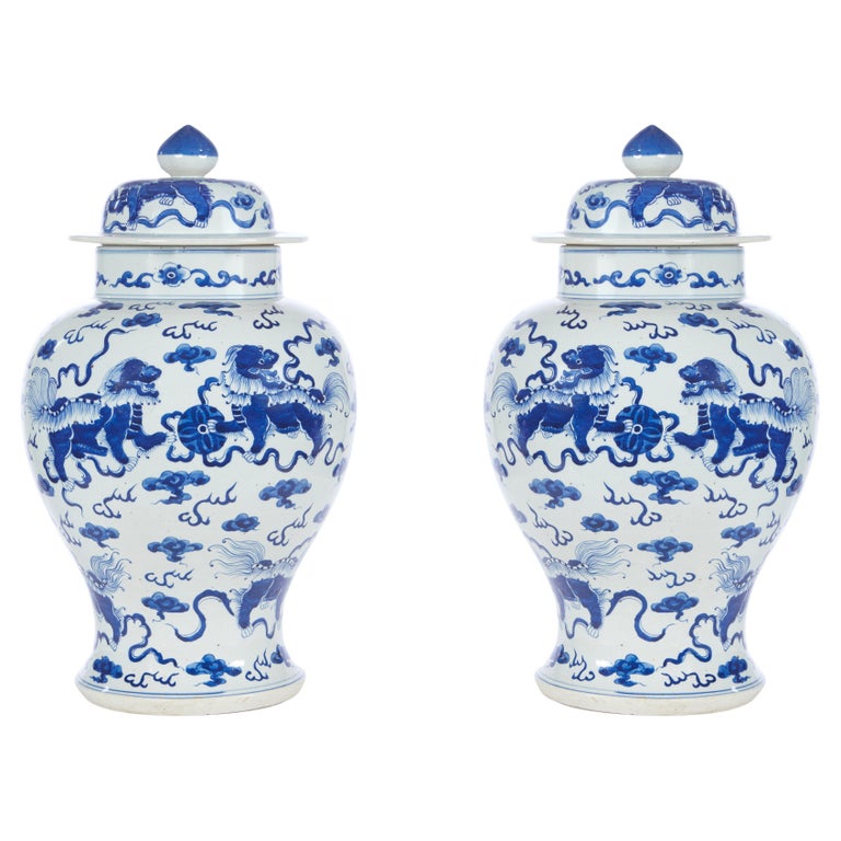 Pair of Antique Blue and White Vases with Covers For Sale at 1stDibs