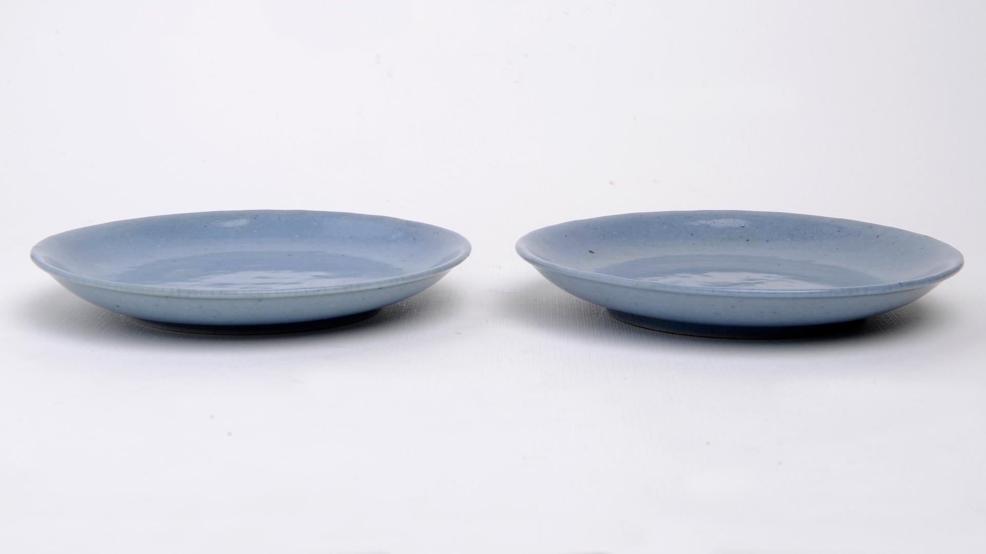 Hand-Painted Pair of Antique Blue China Saucers For Sale