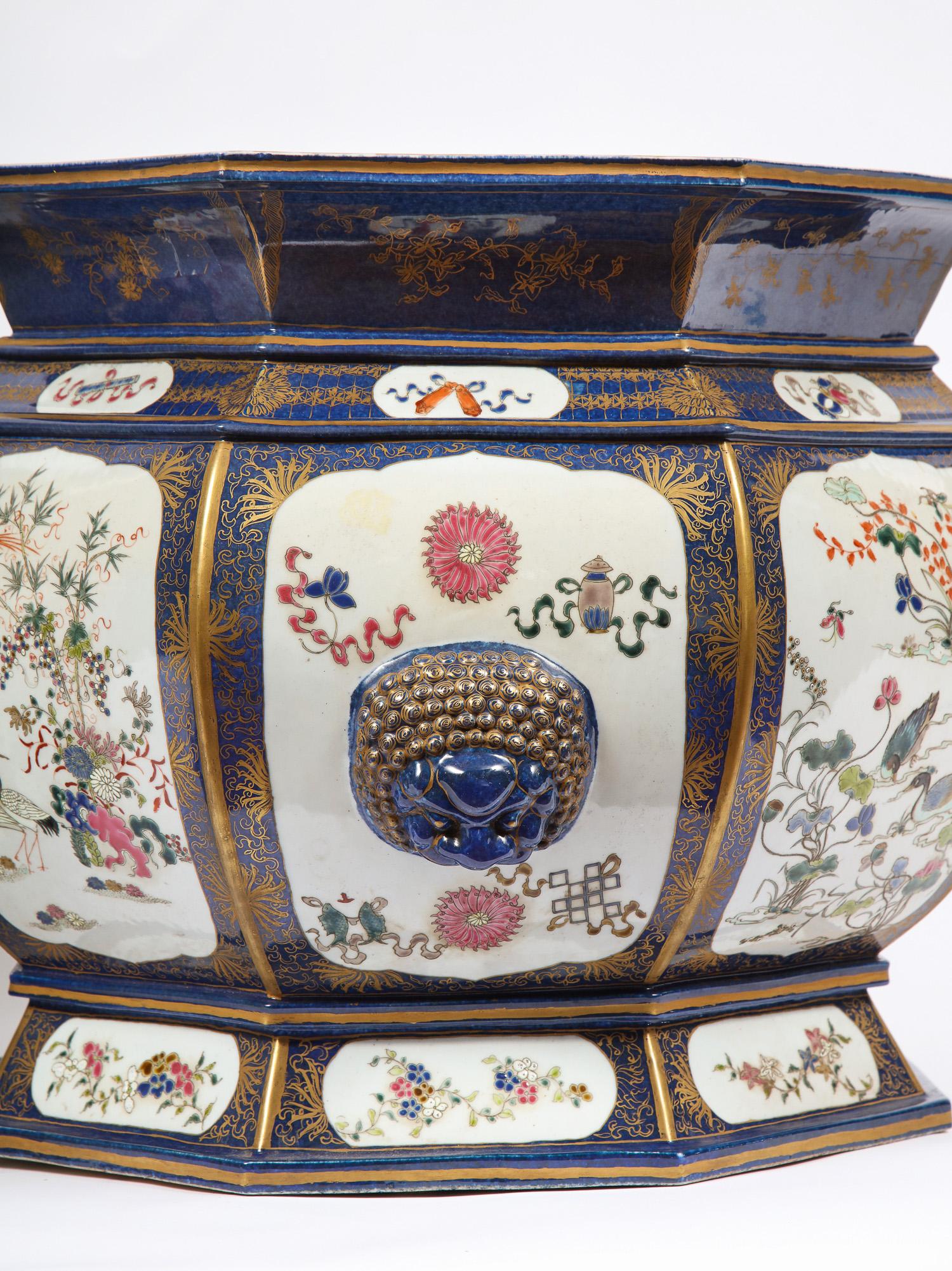 Antique Blue Chinese Porcelain Octagonal Shaped Fishbowls with Cartouches, Pair 5