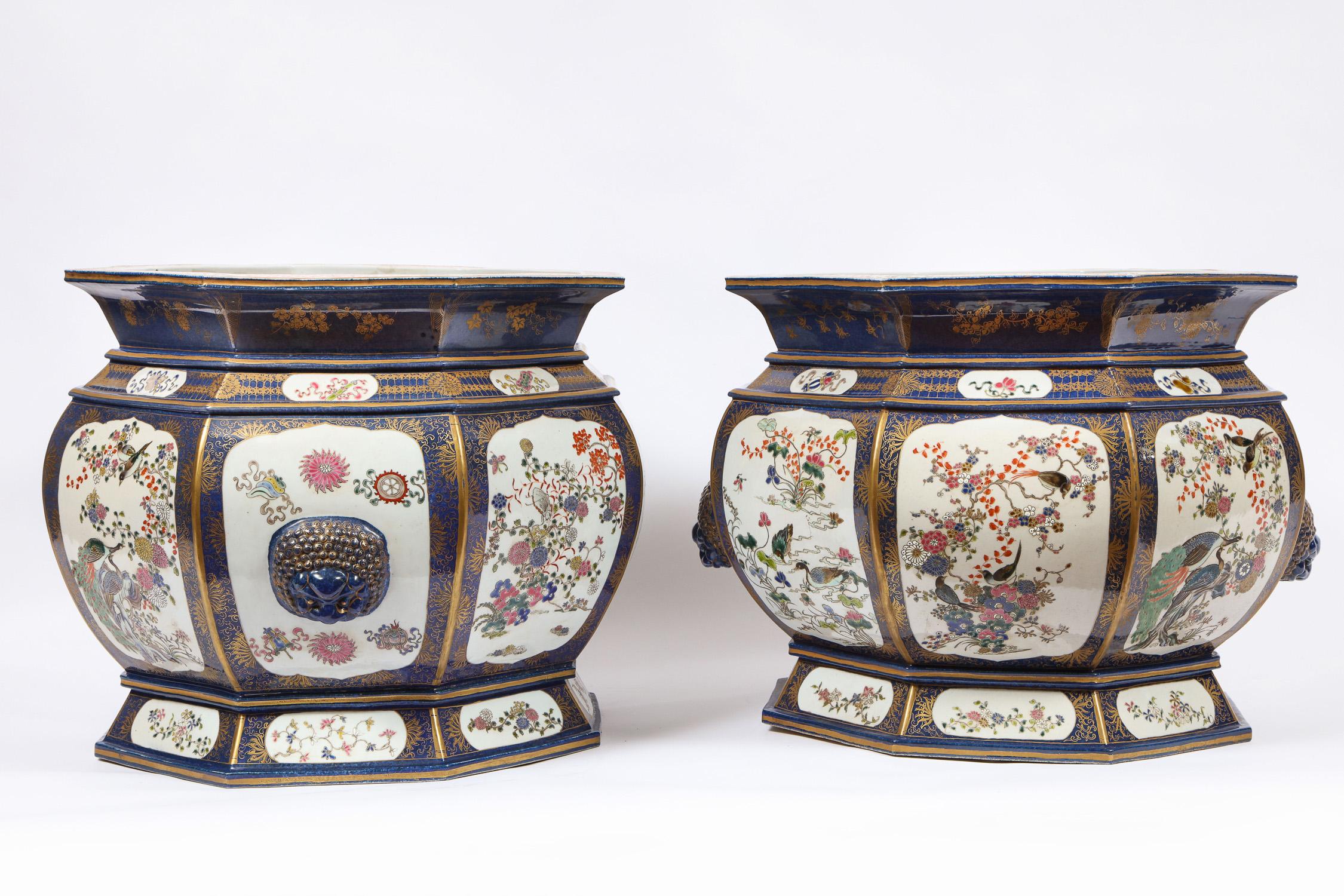 Chinese Export Antique Blue Chinese Porcelain Octagonal Shaped Fishbowls with Cartouches, Pair For Sale