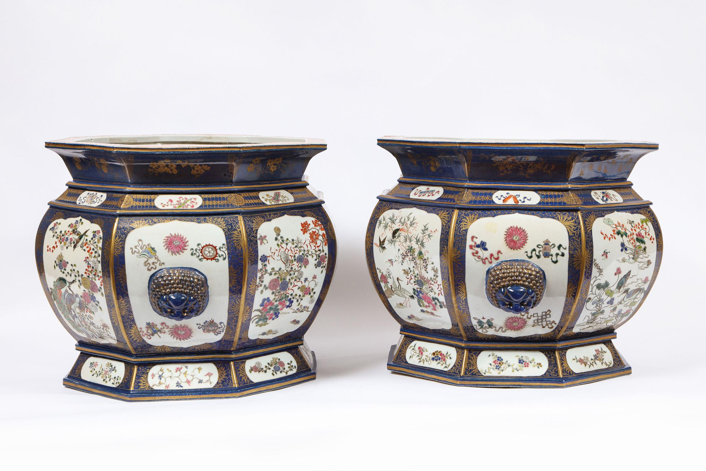 Gilt Antique Blue Chinese Porcelain Octagonal Shaped Fishbowls with Cartouches, Pair