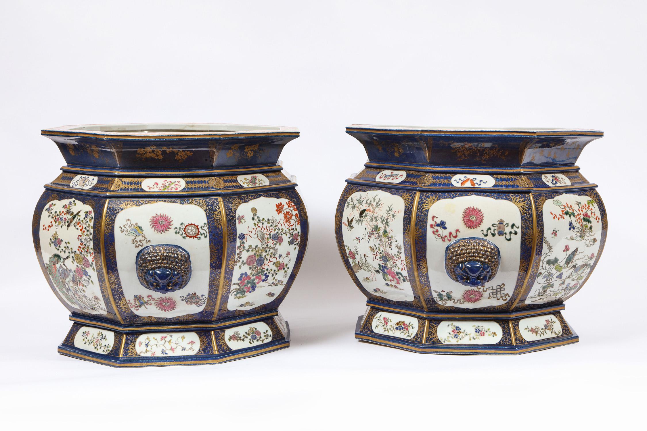 Gilt Antique Blue Chinese Porcelain Octagonal Shaped Fishbowls with Cartouches, Pair For Sale