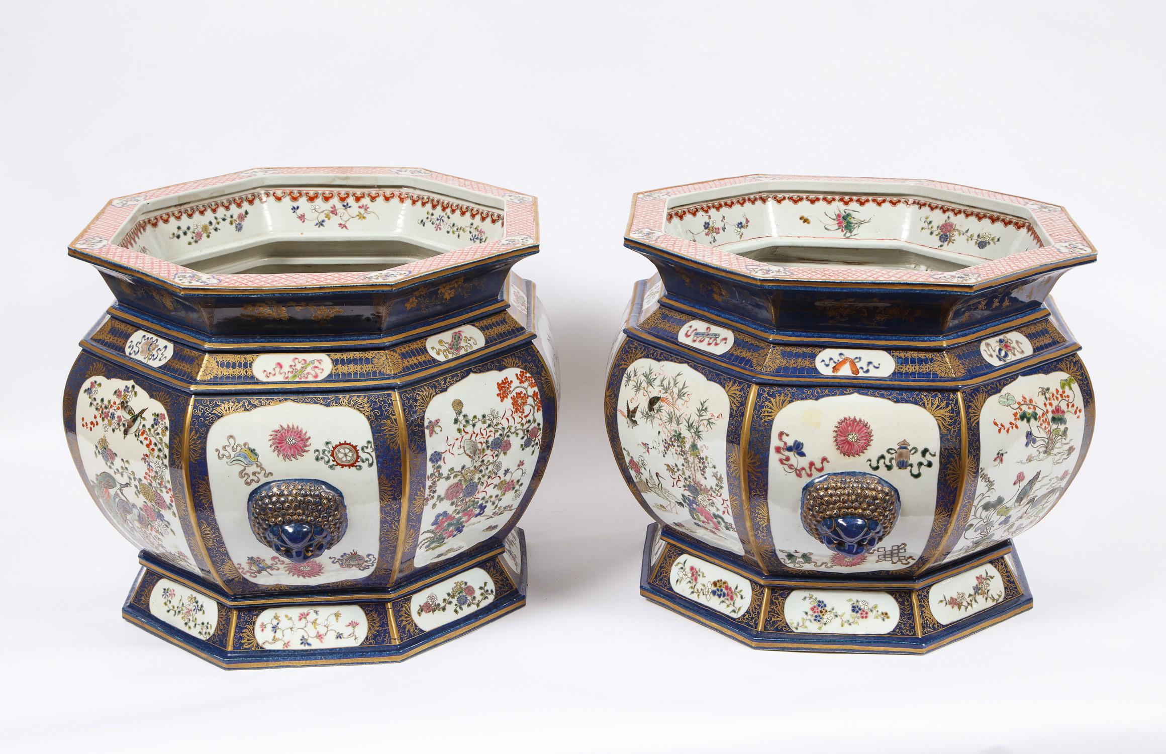 Antique Blue Chinese Porcelain Octagonal Shaped Fishbowls with Cartouches, Pair In Good Condition For Sale In New York, NY