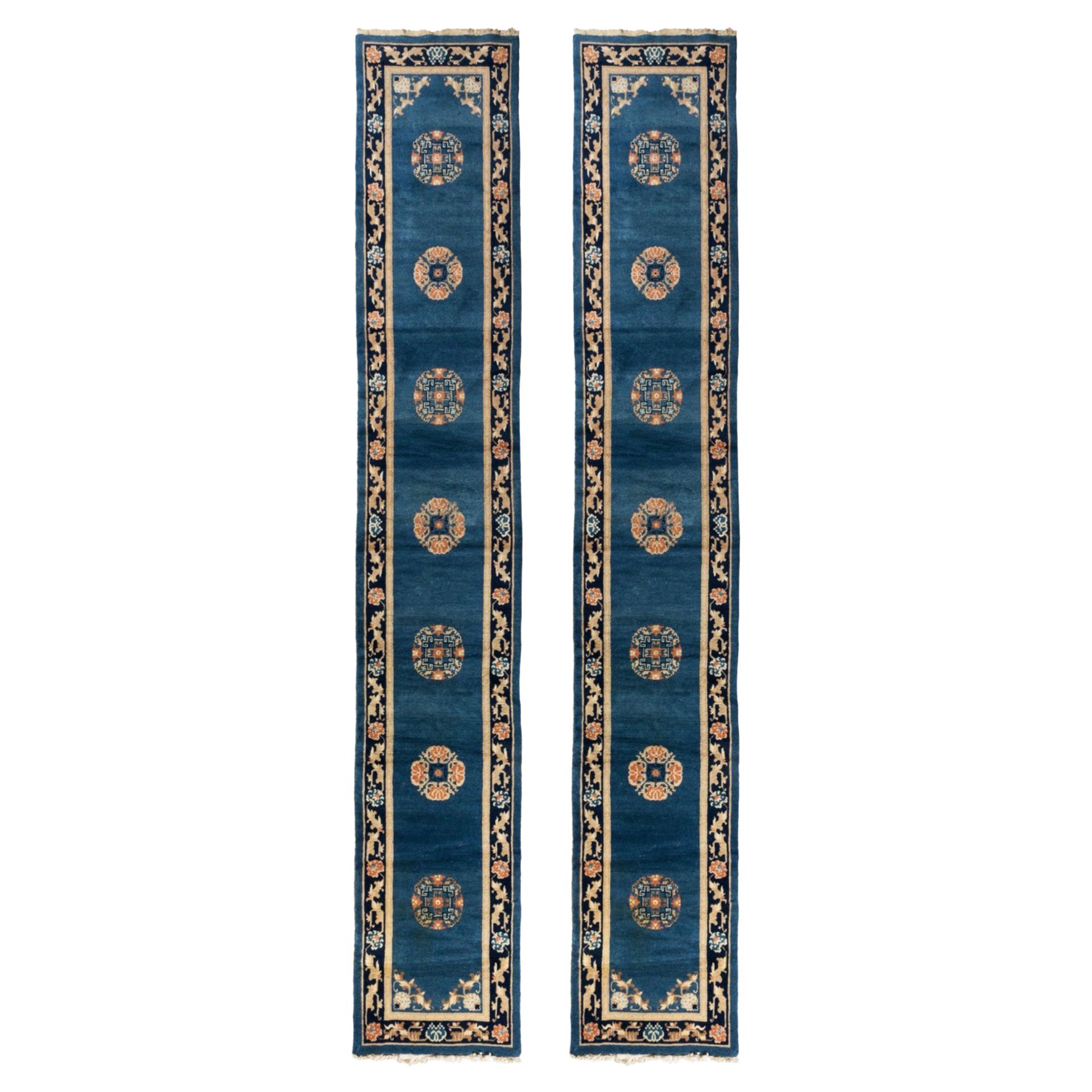 Pair of Antique Blue Gold Black Art Deco Chinese Runner Rugs, c. 1920-1930 For Sale