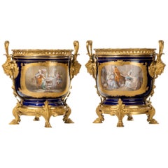 Pair of Antique Blue Painted Sèvres Porcelain Cachepots Vases