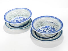 Pair of Antique Blue & White Canton Chinese Export Porcelain Chestnut Baskets